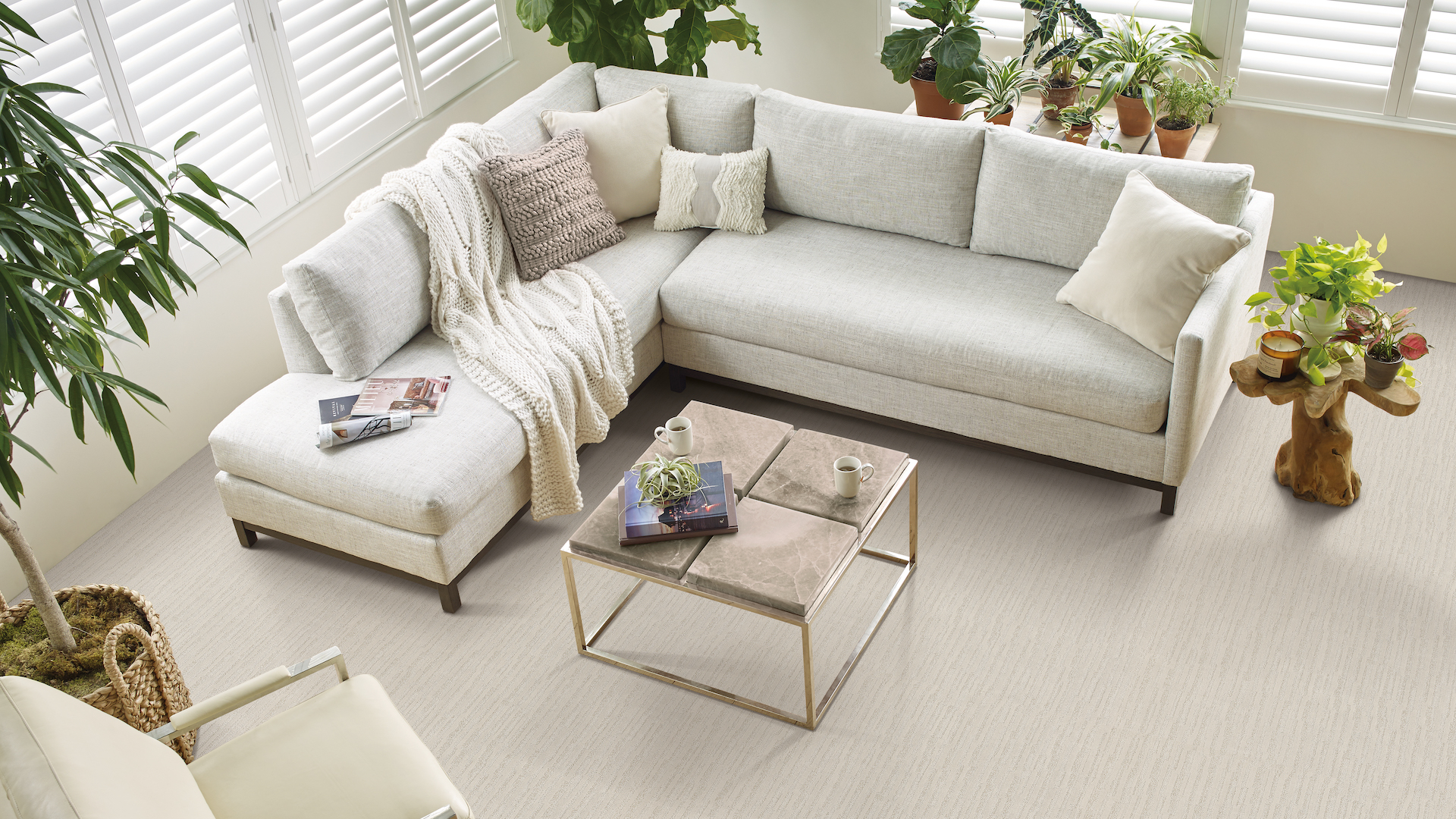 neutral textured carpet in a earthy living room