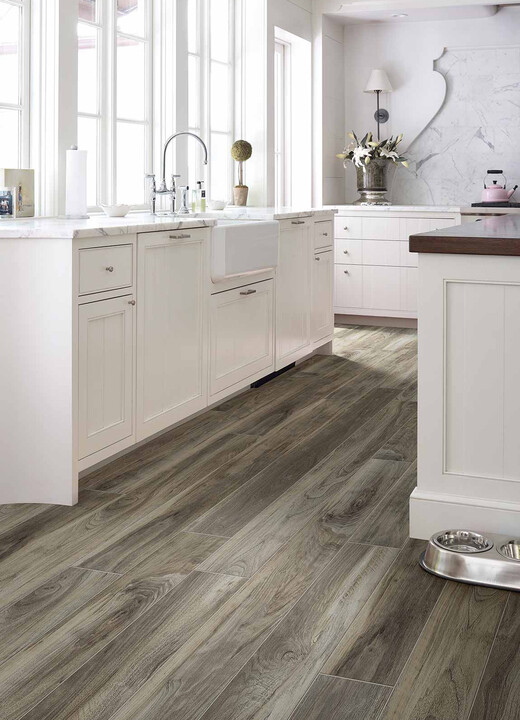 laminate wood flooring in white kitchen